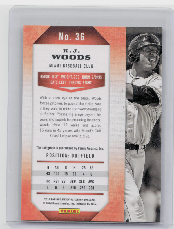 2013 Panini Elite Extra Edition K.J. Woods AU SN25 #36 Marlins Franchise Futures - Image 3