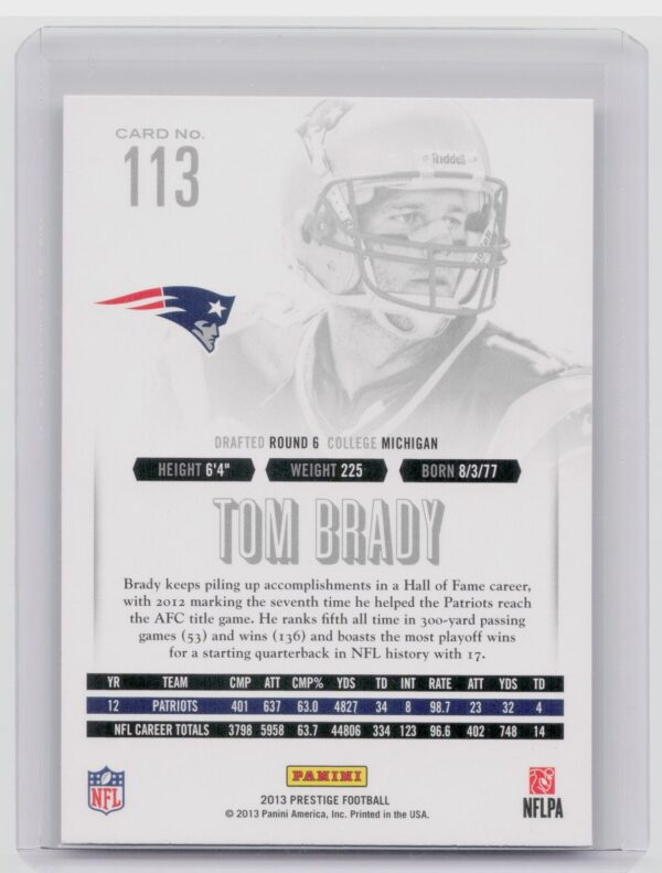 2013 Panini Prestige Tom Brady #113 Patriots - Image 3