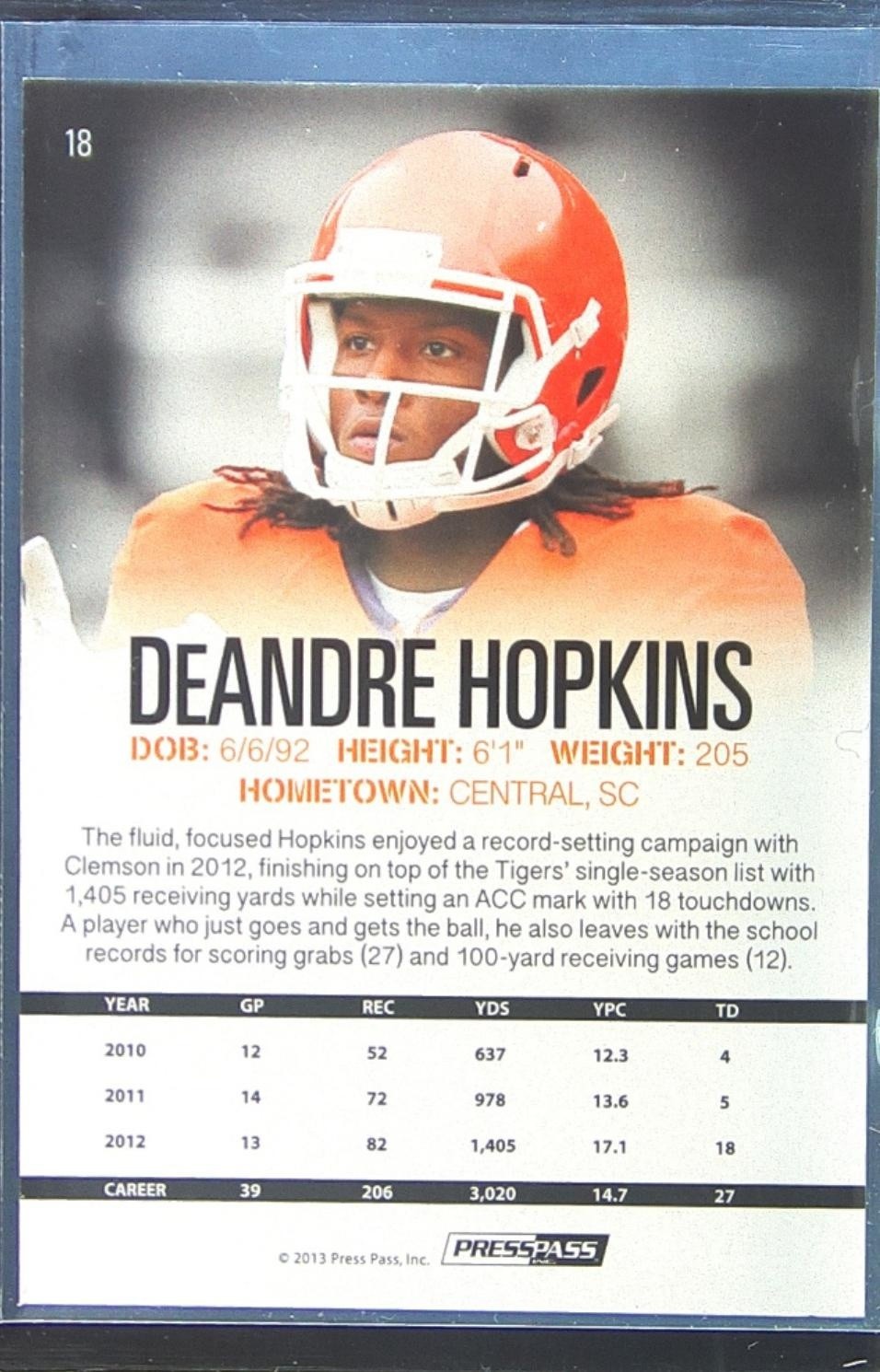 2013 Press Pass DeAndre Hopkins Reflectors /299 #18 Tigers - Image 3