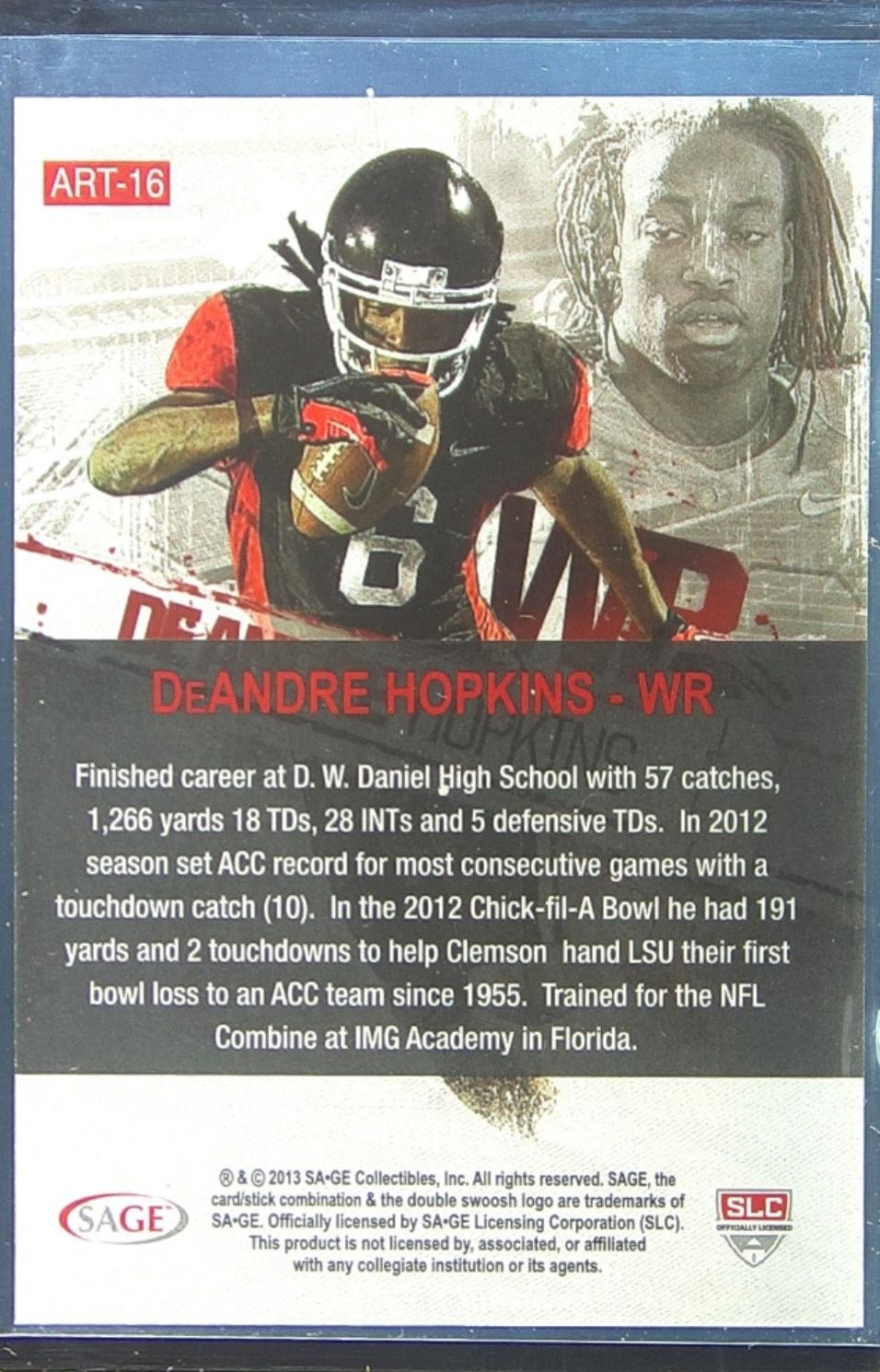 2013 SAGE HIT DeAndre Hopkins RC #ART16 Tigers Artistry - Image 3