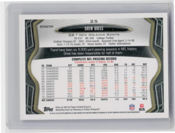 2013 Topps Chrome Drew Brees Refractors #25 Saints - Image 3