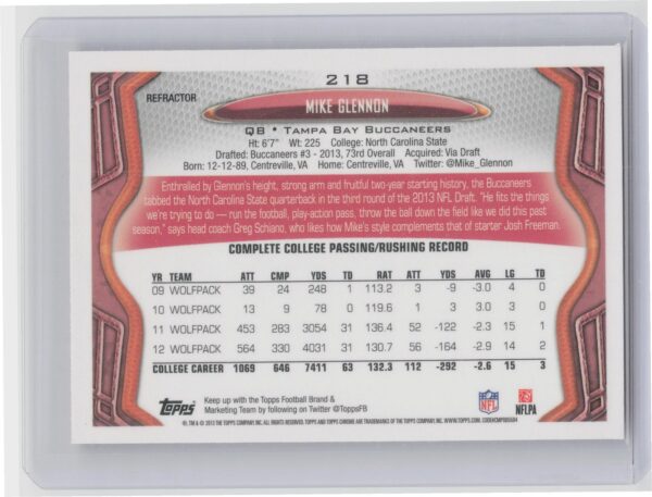 2013 Topps Chrome Mike Glennon Orange Refractors #218 Buccaneers - Image 3