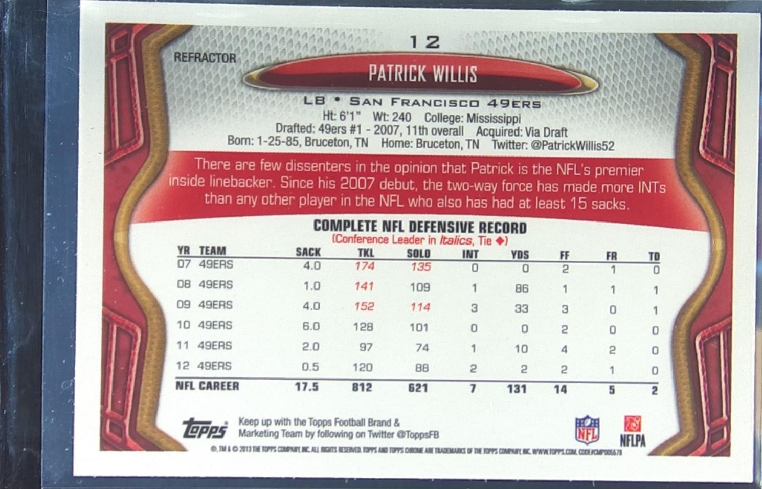 2013 Topps Chrome Patrick Willis Xfractors #12 49ers - Image 3