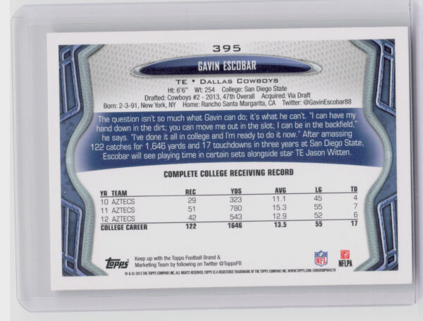 2013 Topps Gavin Escobar RC #395 Cowboys - Image 3