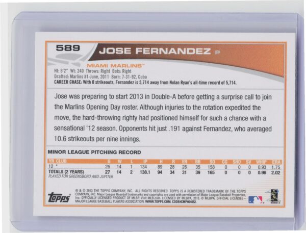 2013 Topps Jose Fernandez RC #589 Marlins - Image 3