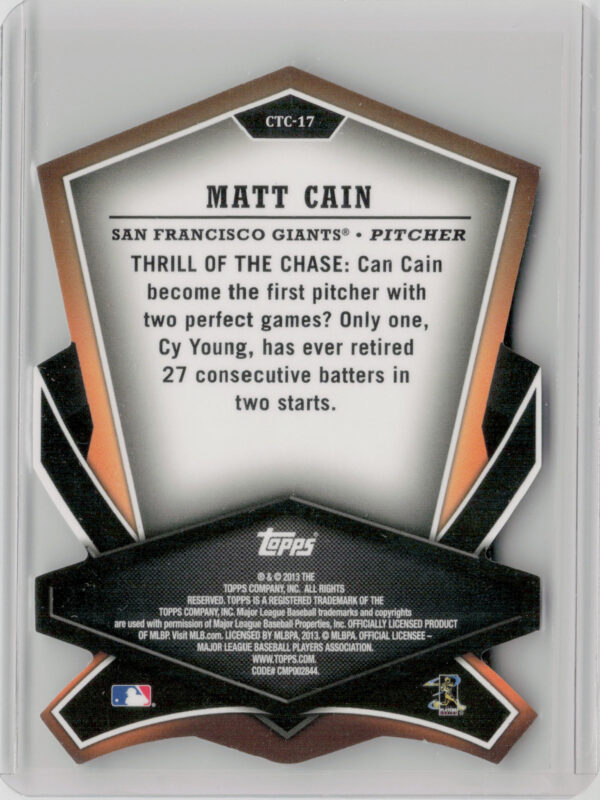 2013 Topps Matt Cain #CTC-17 Giants Cut to the Chase - Image 3