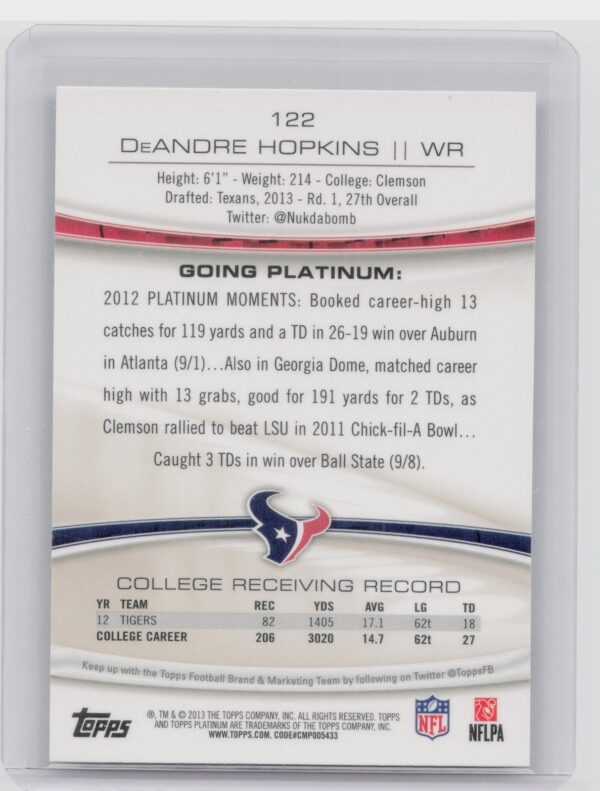 2013 Topps Platinum DeAndre Hopkins RC #122 Texans - Image 3