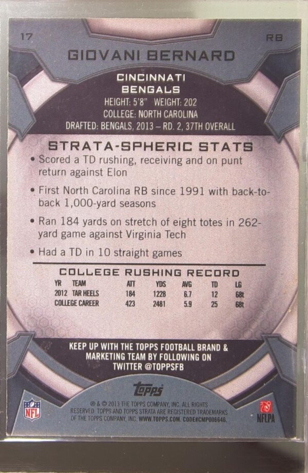 2013 Topps Strata Giovani Bernard RC #17 Bengals - Image 3