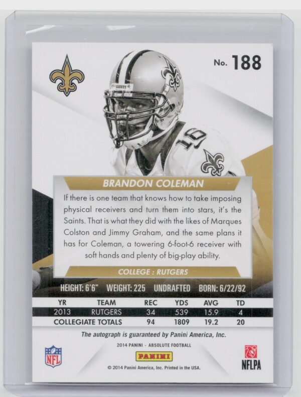 2014 Absolute Brandon Coleman Auto RC /199 #188 Saints - Image 3