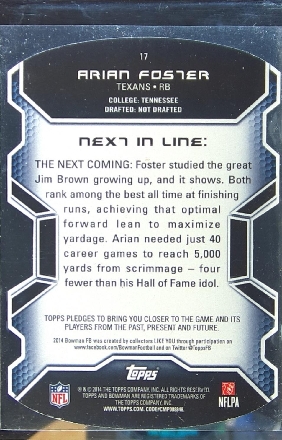 2014 Bowman Arian Foster #17 Texans Die Cut - Image 3