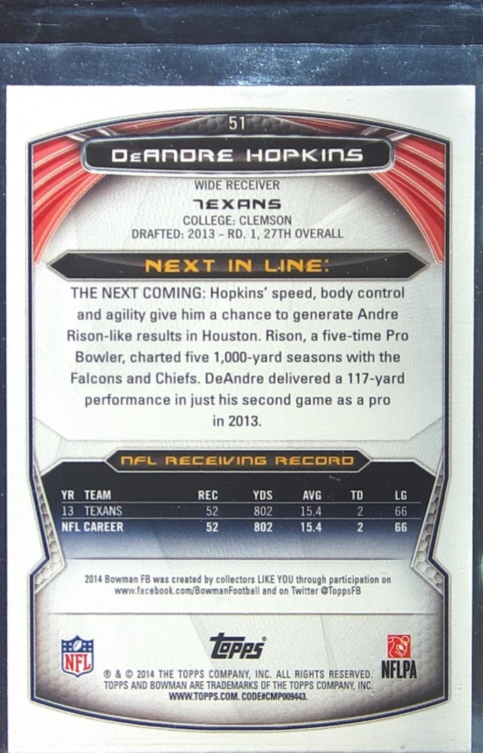 2014 Bowman DeAndre Hopkins Veterans Rainbow Silver Ice #51 Texans - Image 3
