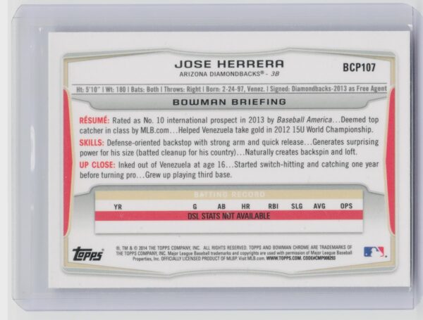 2014 Bowman Jose Herrera #BCP107 Diamondbacks Chrome Prospects - Image 3