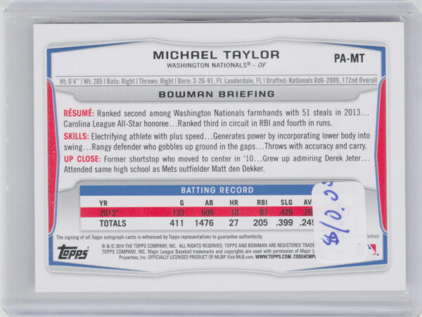 2014 Bowman Michael Taylor AU #PA-MT Nationals Prospect Autographs - Image 3