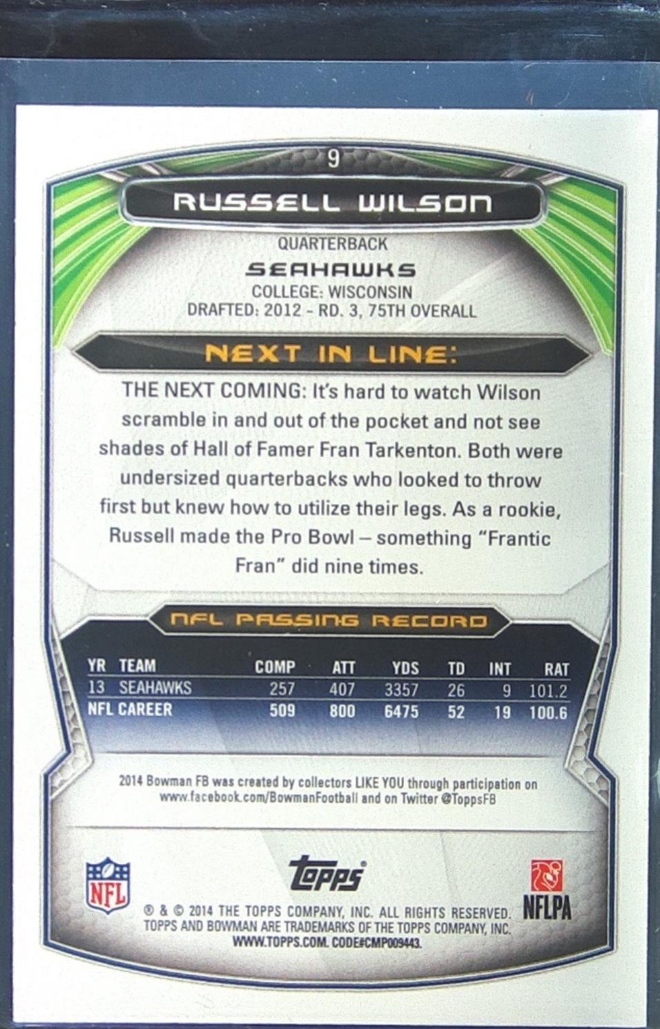 2014 Bowman Russell Wilson Veterans Rainbow Black #9 Seahawks - Image 3