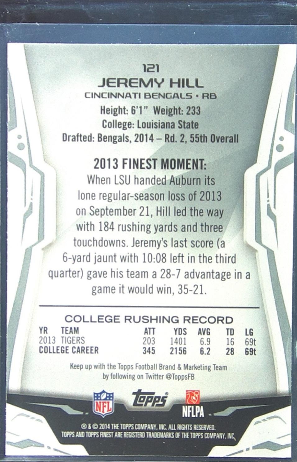 2014 Finest Jeremy Hill Refractors RC #121 Bengals - Image 3