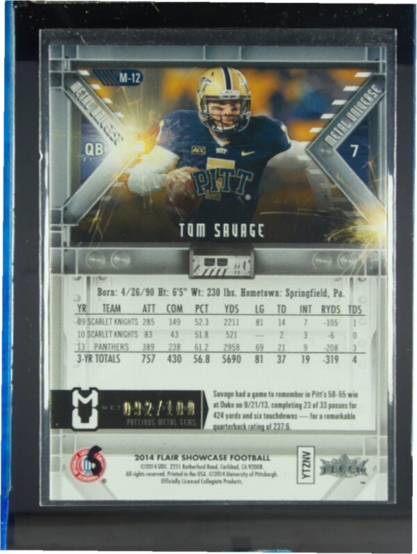 2014 Flair Showcase Tom Savage SN100 #M-12 Panthers Metal Universe Precious Meta - Image 3