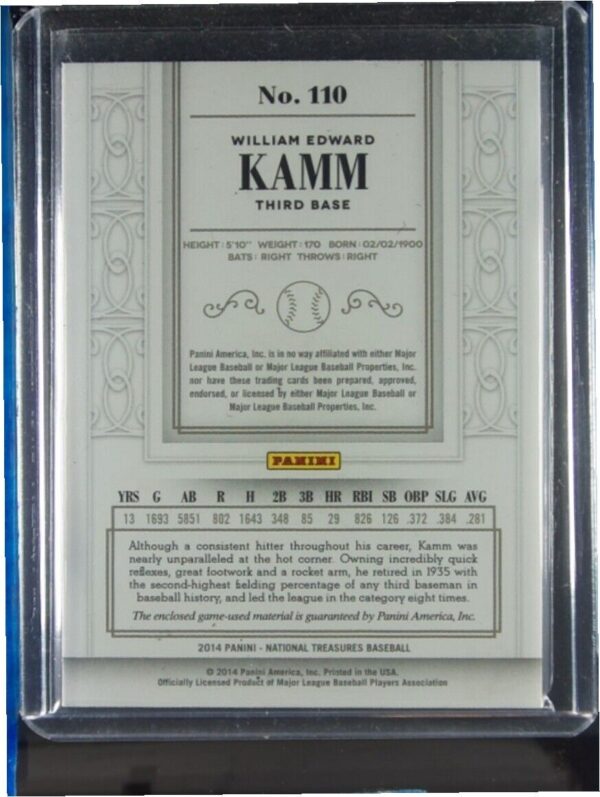 2014 Panini National Treasures Willie Kamm SN99 MEM #110 Sox - Image 3