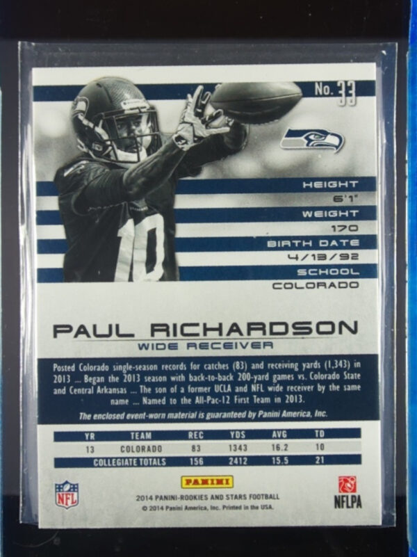 2014 Panini Rookies & Stars Paul Richardson MEM #33 Seahawks Rookie Materials - Image 3