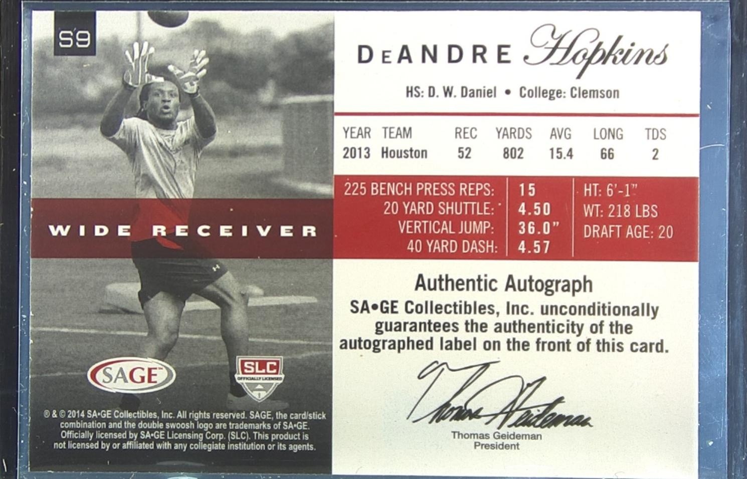 2014 Sage Autographed DeAndre Hopkins Auto /10 #S9 Tigers Autographs Platinum - Image 3