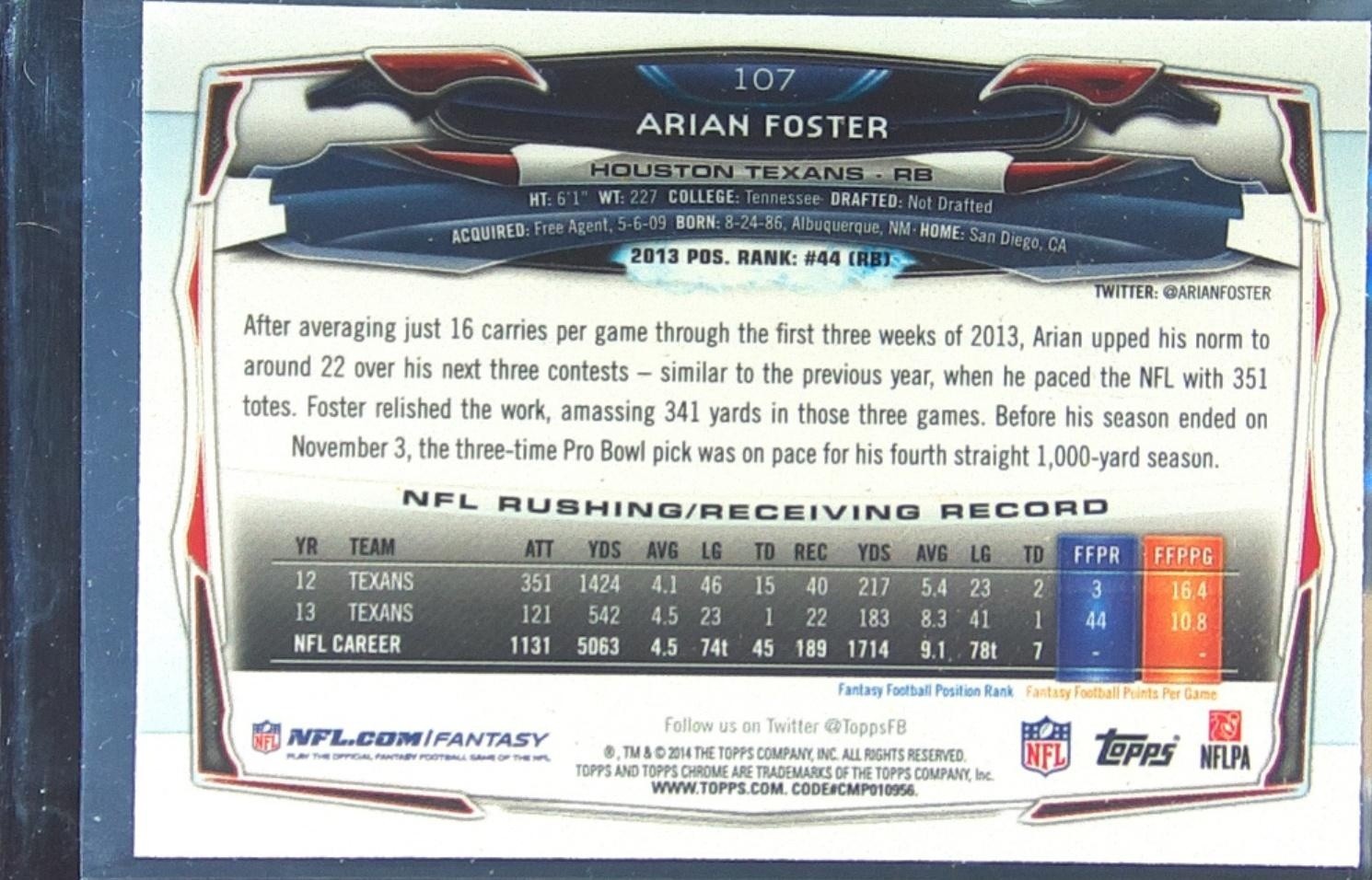 2014 Topps Chrome Arian Foster Refractor #107 Texans - Image 3