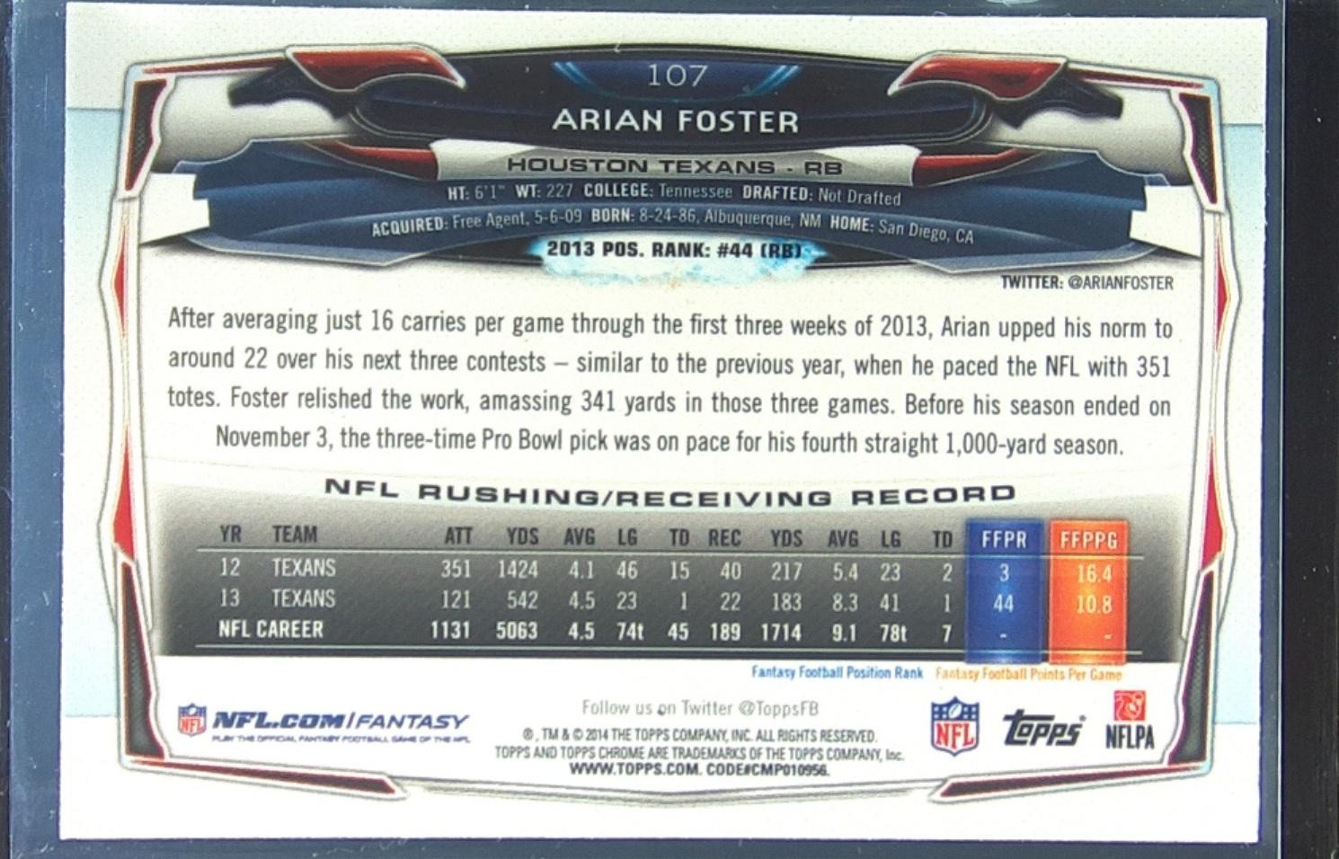 2014 Topps Chrome Arian Foster Refractor #107 Texans - Image 3