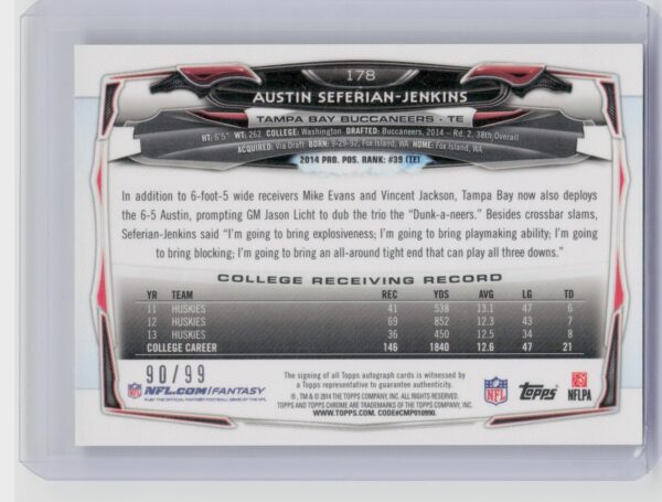 2014 Topps Chrome Austin Seferian-Jenkins AU SN99 #178 Buccaneers Rookie Autogra - Image 3
