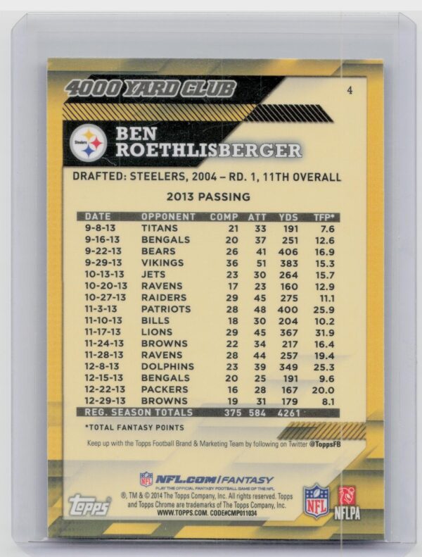2014 Topps Chrome Ben Roethlisberger #4 Steelers 4,000 Yard Club - Image 3