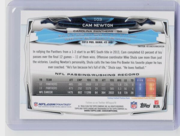 2014 Topps Chrome Cam Newton Refractor #103 Panthers - Image 3