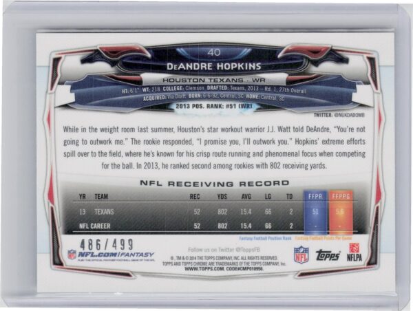 2014 Topps Chrome DeAndre Hopkins Camo Refractors SN499 #40 Texans - Image 3