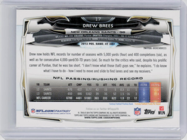 2014 Topps Chrome Drew Brees Refractor #17 Saints - Image 3
