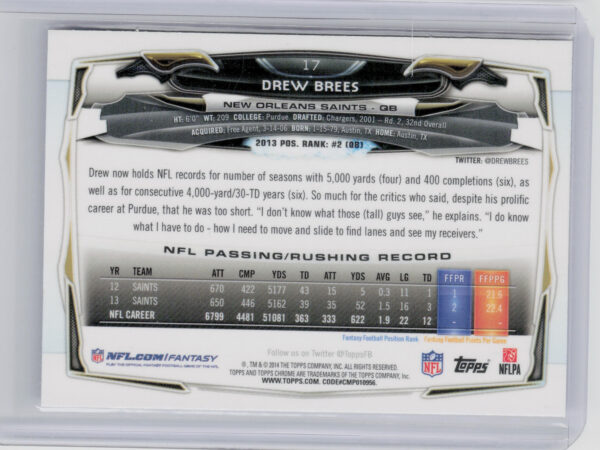 2014 Topps Chrome Drew Brees Refractor #17 Saints - Image 3