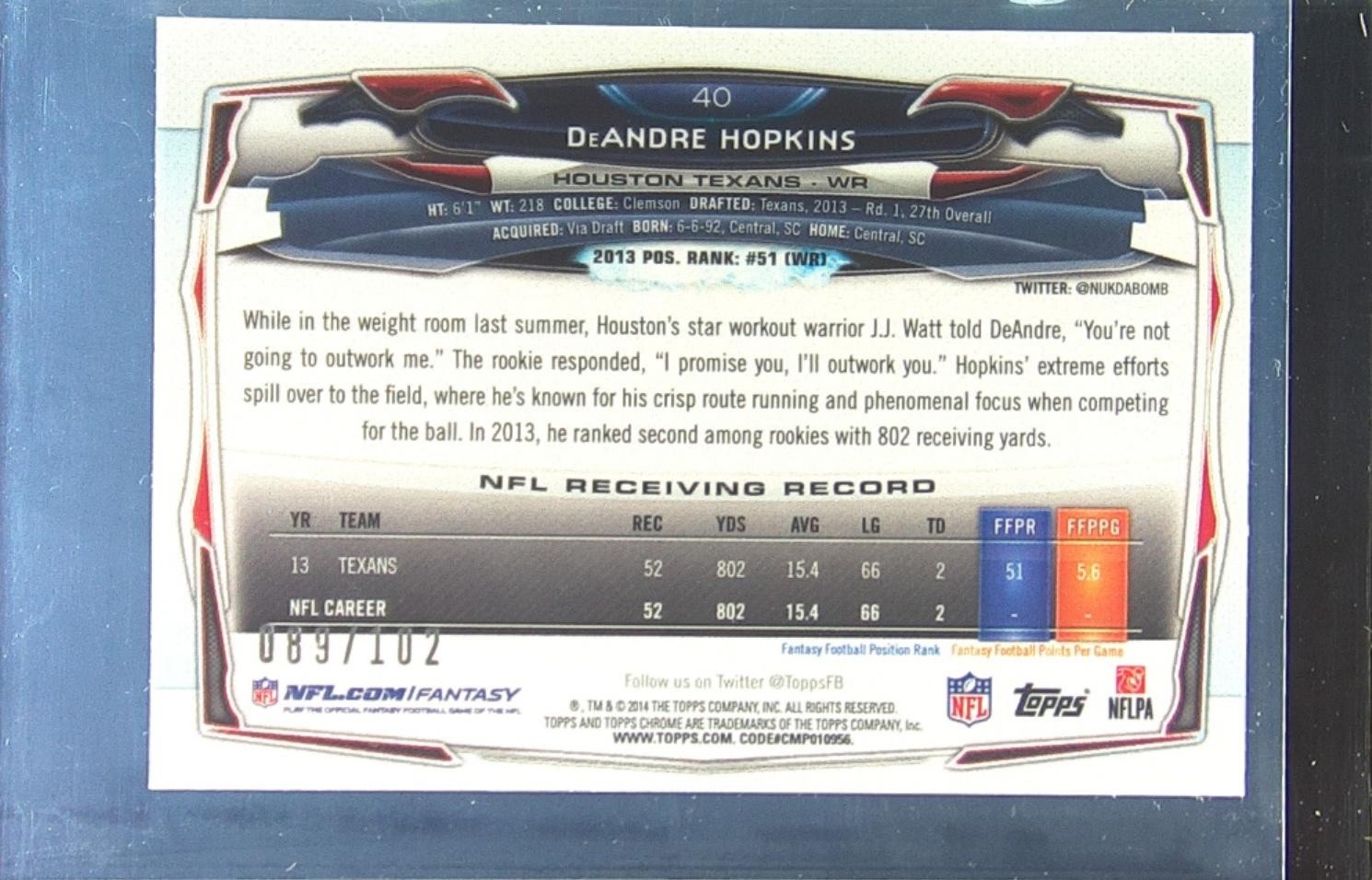 2014 Topps Chrome Mini DeAndre Hopkins Pulsar Refractors /102 #40 Texans - Image 3