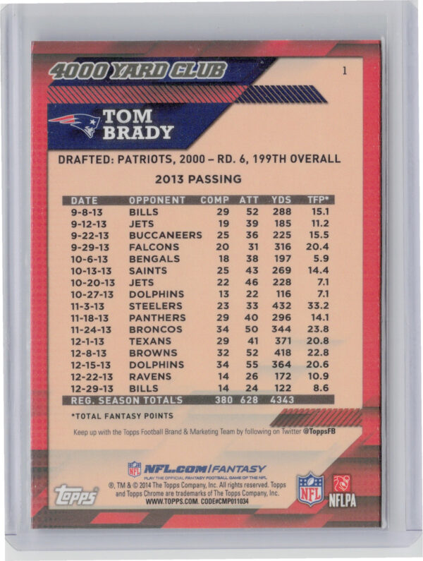 2014 Topps Chrome Tom Brady #1 Patriots 4,000 Yard Club - Image 3