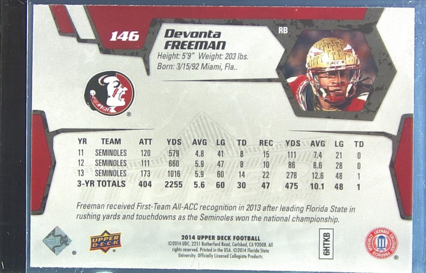2014 Upper Deck Devonta Freeman RC #146 Seminoles - Image 3