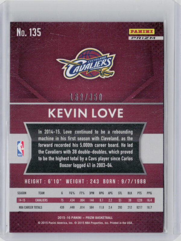 2015-16 Panini Prizm Kevin Love Ruby Wave Prizms SN350 #135 Cavaliers - Image 3