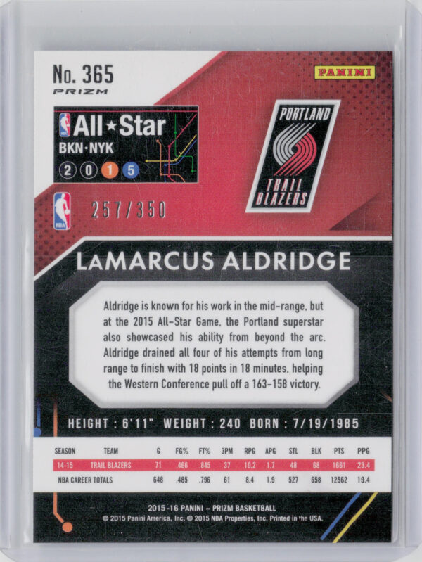 2015-16 Panini Prizm LaMarcus Aldridge Ruby Wave Prizms SN350 #365 Blazers - Image 3