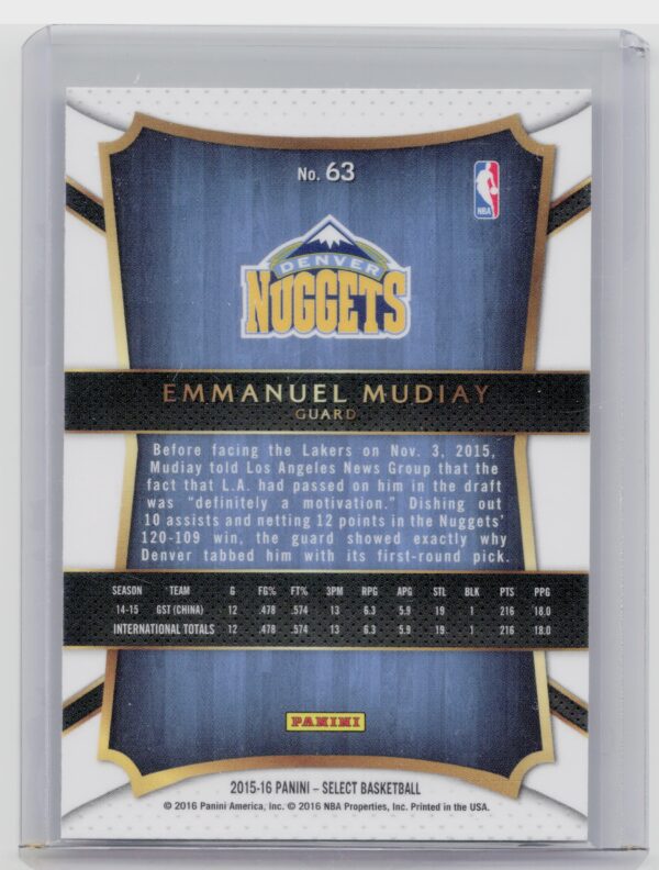 2015-16 Panini Select Emmanuel Mudiay #63 Nuggets - Image 3