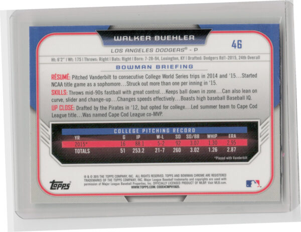 2015 Bowman Draft Walker Buehler Chrome #46 Dodgers - Image 3