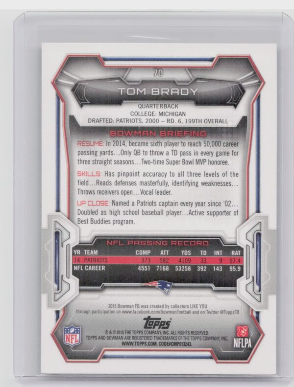 2015 Bowman Tom Brady Veterans Black #70 Patriots - Image 3