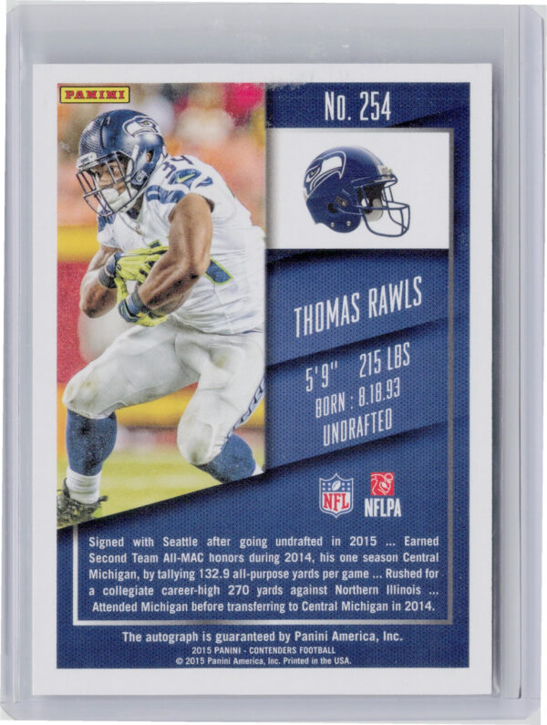 2015 Panini Contenders Thomas Rawls AU RC #254 Seahawks - Image 3
