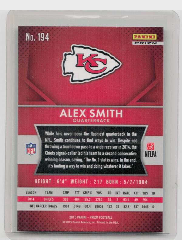 2015 Panini Prizm Alex Smith Green Prizm #194 Chiefs - Image 3