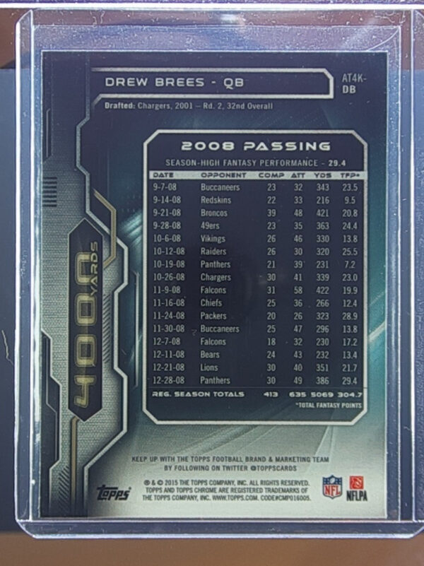 2015 Topps Chrome Drew Brees #AT4K-DB Saints All Time 4000 Yard Club - Image 3