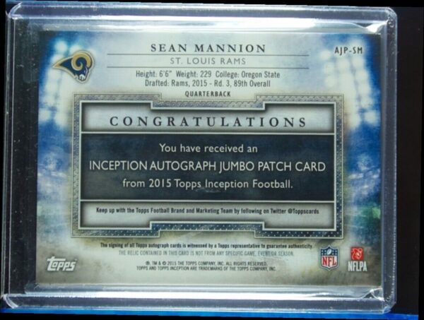 2015 Topps Inception Sean Mannion AU SN125 MEM #AJP-SM Rams Autographed Jumbo Pa - Image 3