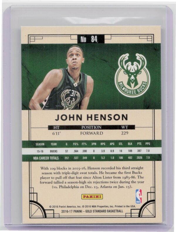 2016-17 Panini Gold Standard John Henson SN269 #84 Bucks - Image 3
