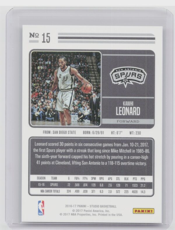 2016-17 Panini Studio Kawhi Leonard #15 Spurs - Image 3