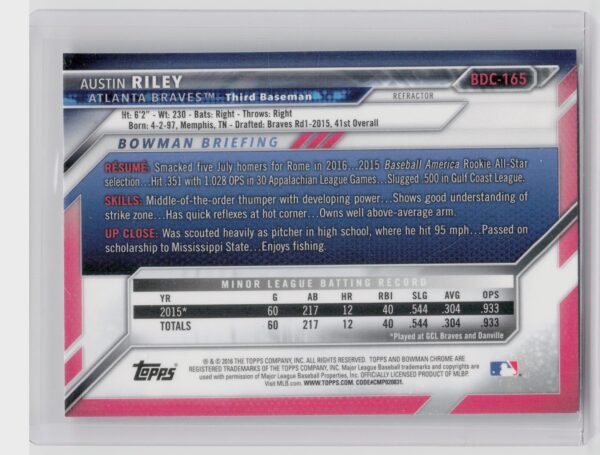 2016 Bowman Draft Austin Riley Chrome Refractor #BDC-165 Braves - Image 3