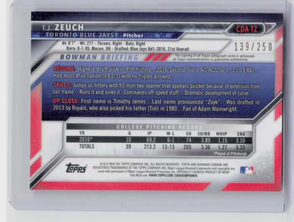 2016 Bowman Draft T.J. Zeuch #CDA-TZ Jays Chrome Draft Pick Autographs Purple Re - Image 3