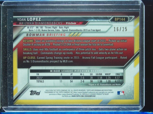 2016 Bowman Yoan Lopez SN25 #BP144 Diamondbacks Prospects Orange - Image 3