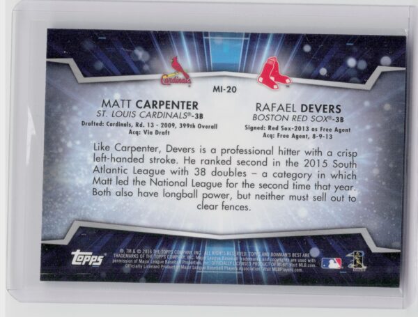 2016 Bowman's Best Matt Carpenter  / Rafael Devers #MI-20 Sox Mirror Image - Image 3