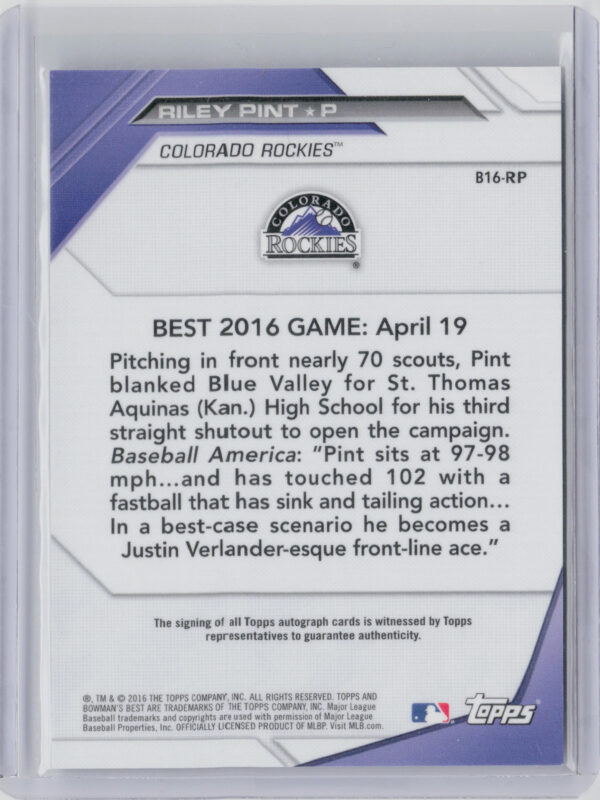 2016 Bowman's Best Riley Pint AU #B16-RP Rockies Best of 2016 Autographs - Image 3